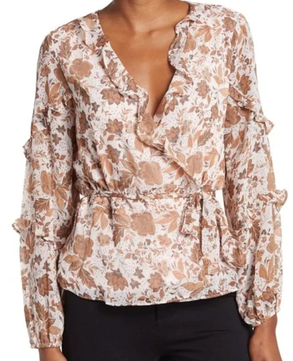 CeCe Cream Tan Fall Floral Leaves Ruffle Long Sleeve Tie Waist Wrap Top size L